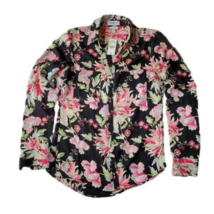 Express Black Pink Floral Portofino Slim Blouse XS NWT
